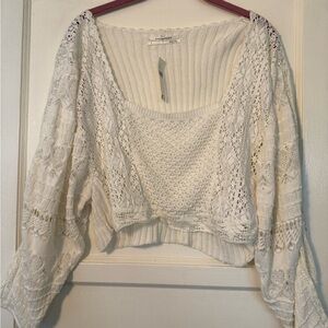 Anthropologie Cream Cropped Ribbed Blouse